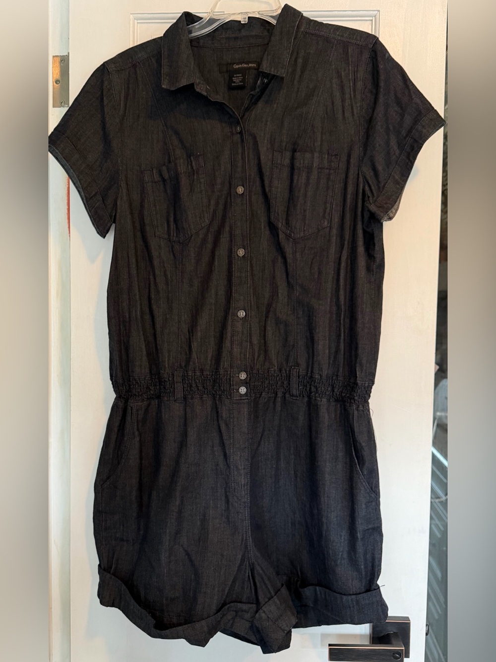 Calvin Klein short sleeve black denim romper